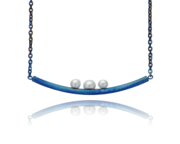 Blue titanium curved bar necklace with 3 pearls