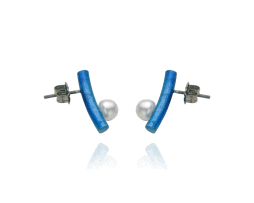 Blue titanium curved short bar post earrings with pearls - Nautilus Collection by Decimononic