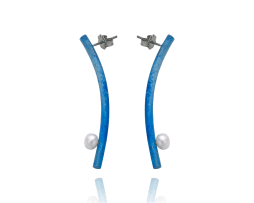 Blue titanium curved long bar post earrings with pearls - Nautilus Collection by Decimononic