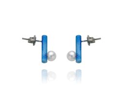 Blue titanium short bar post earrings with pearls - Nautilus Collection by Decimononic