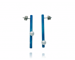 Blue titanium long bar post earrings with pearls - Nautilus Collection by Decimononic